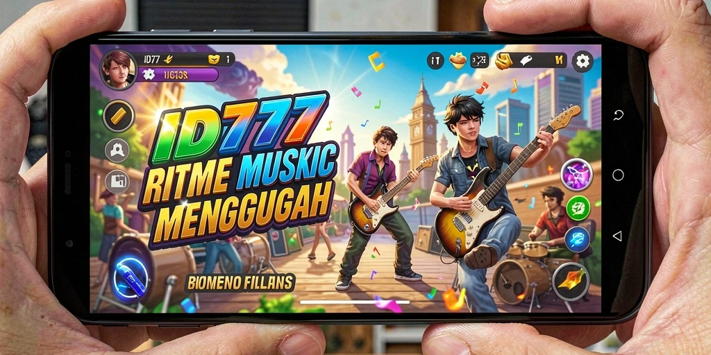Tangkapan layar ID777 menampilkan gameplay yang mengasyikkan dengan ritme musik yang menarik.