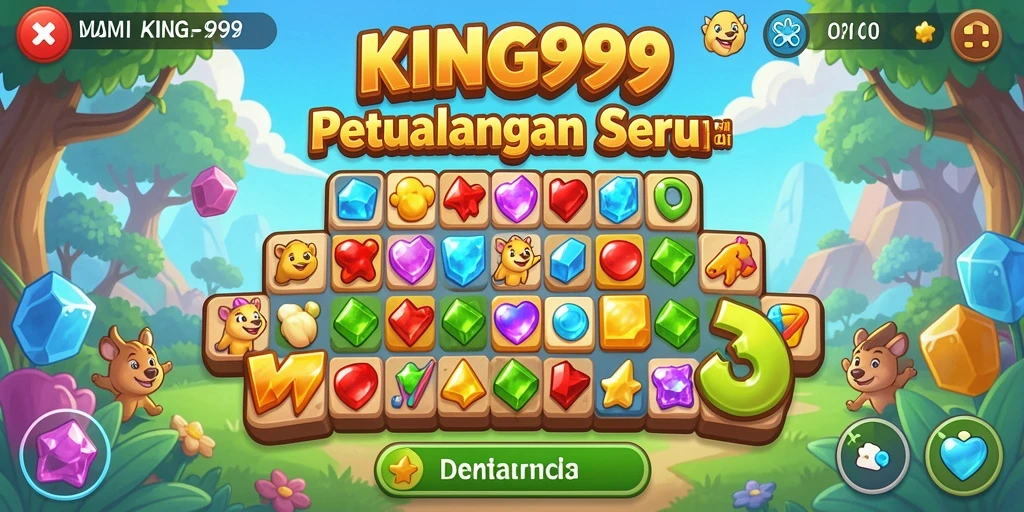 Screenshot menampilkan gameplay seru dari KING999 dengan kombinasi permata yang berwarna-warni.